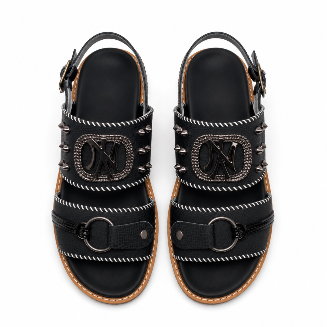 Mens Black Strap Sandals with Decorative Studs